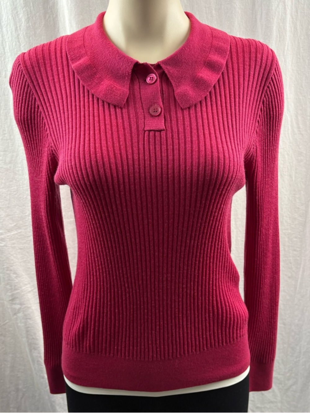 J.Crew Pink Ruffle-collar Ribbed Merino Wool Sweater M - Picture 2 of 11